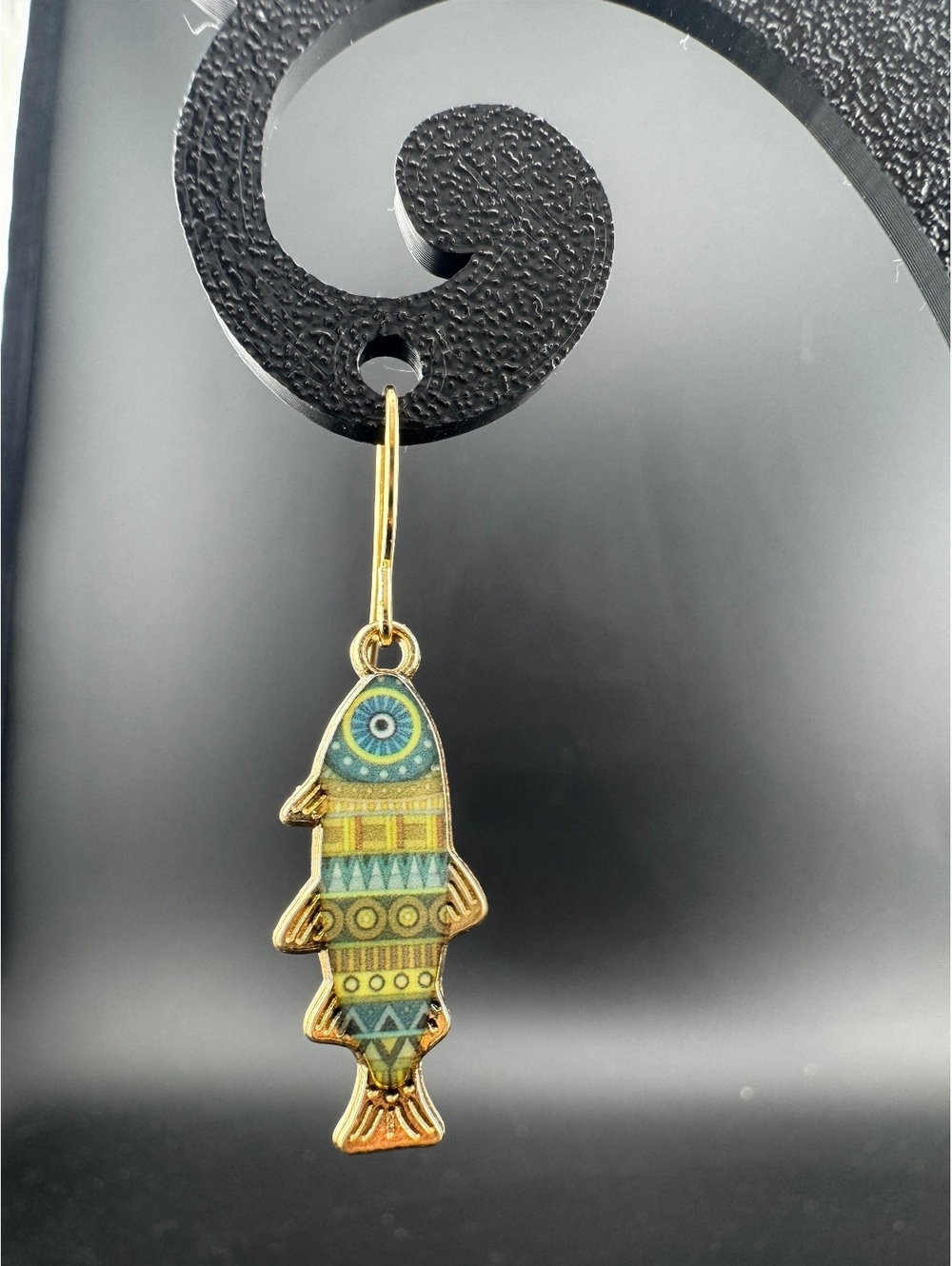Gold and Blue Patterned Fish Hook Dangle Earrings - Picture 2 of 4